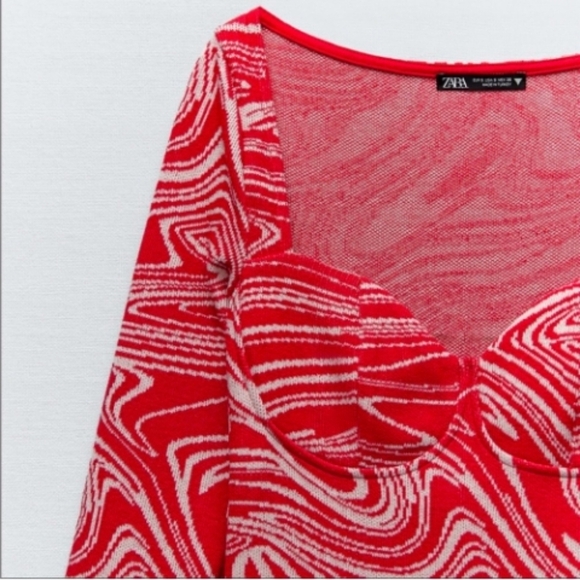 ZARA Jacquard Red White Swirl Mini Dress Knit Long Sleeve Medium Sweetheart Neck - Picture 5 of 5